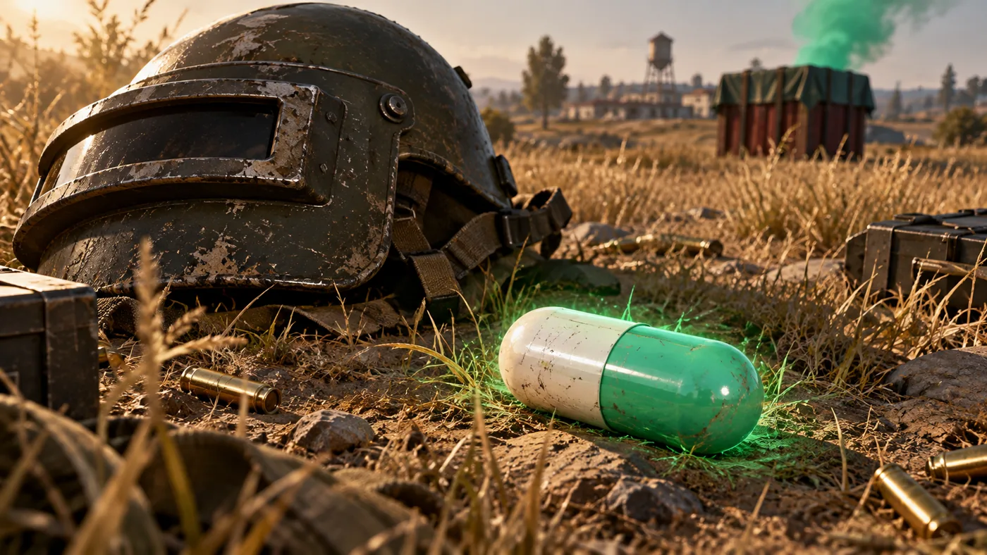 a pill glowing in the dry grass next to a level three helmet, airdrop smoke rising behind